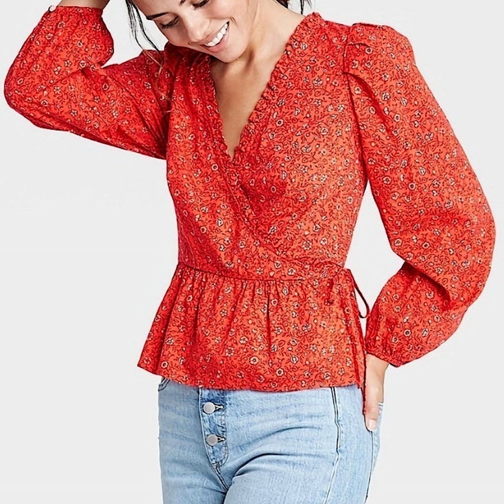 Red floral Long puff sleeve wrap peplum shirt blouse lightweight cotton SZ S/M